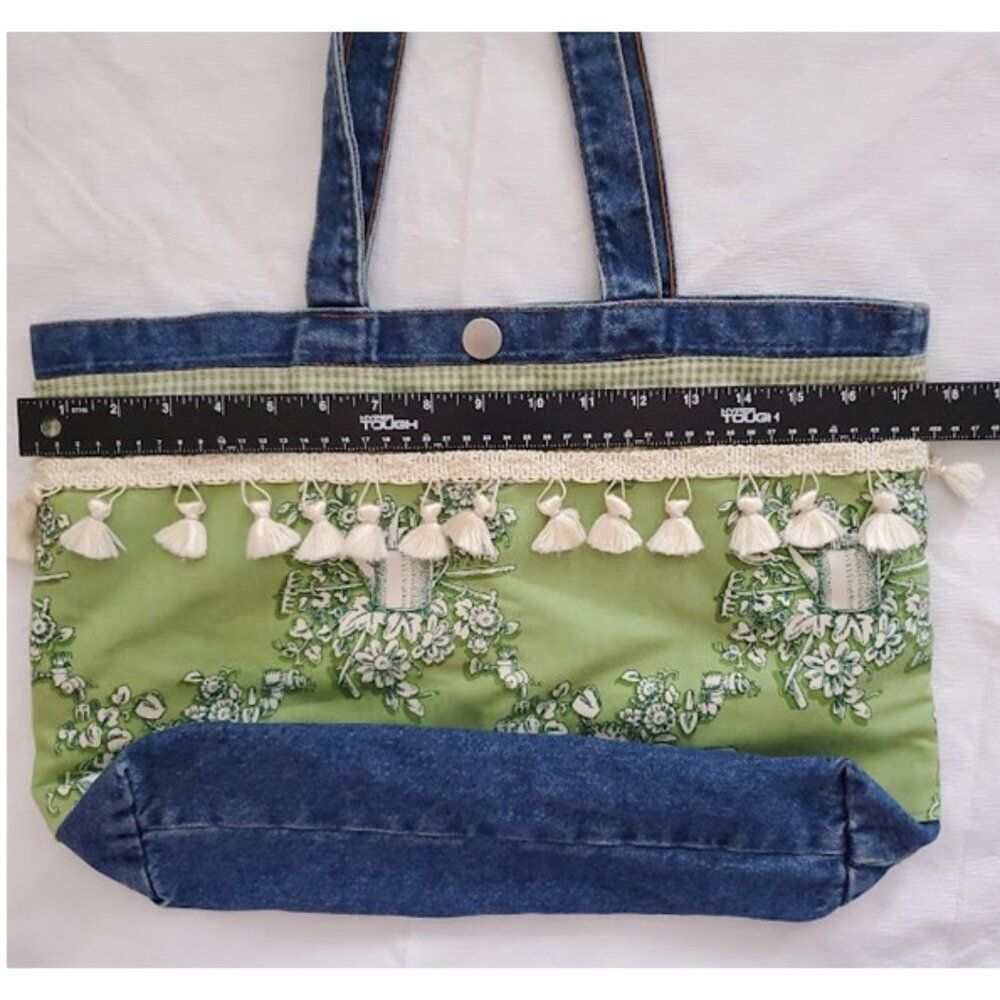 Handmade Artisan Denim Toile Tote Bag Green Floral Tassel Trim Gingham Lined OS - Picture 7 of 7
